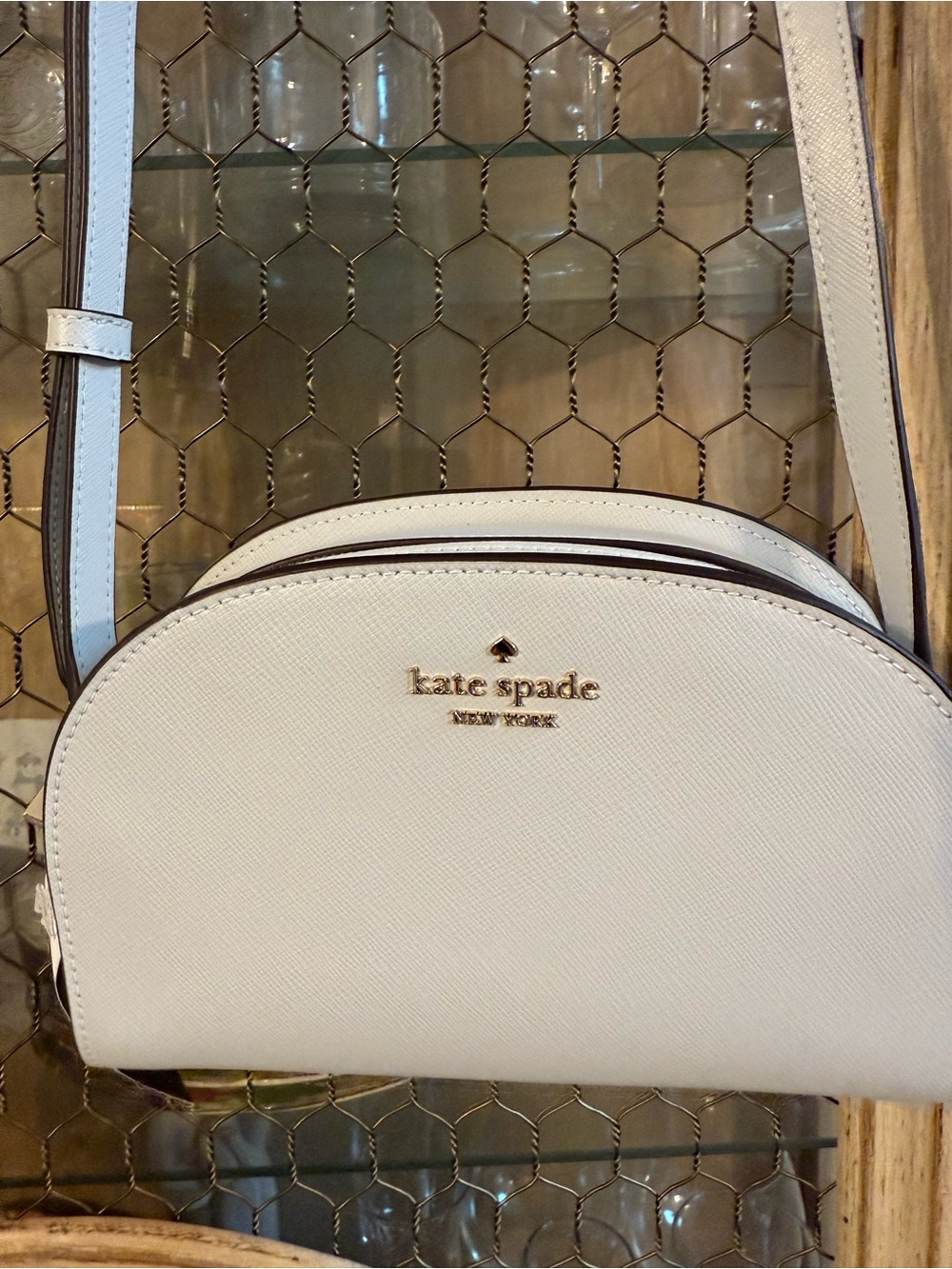 kate spade Cream Saffiano Dome Crossbody with Gold Logo